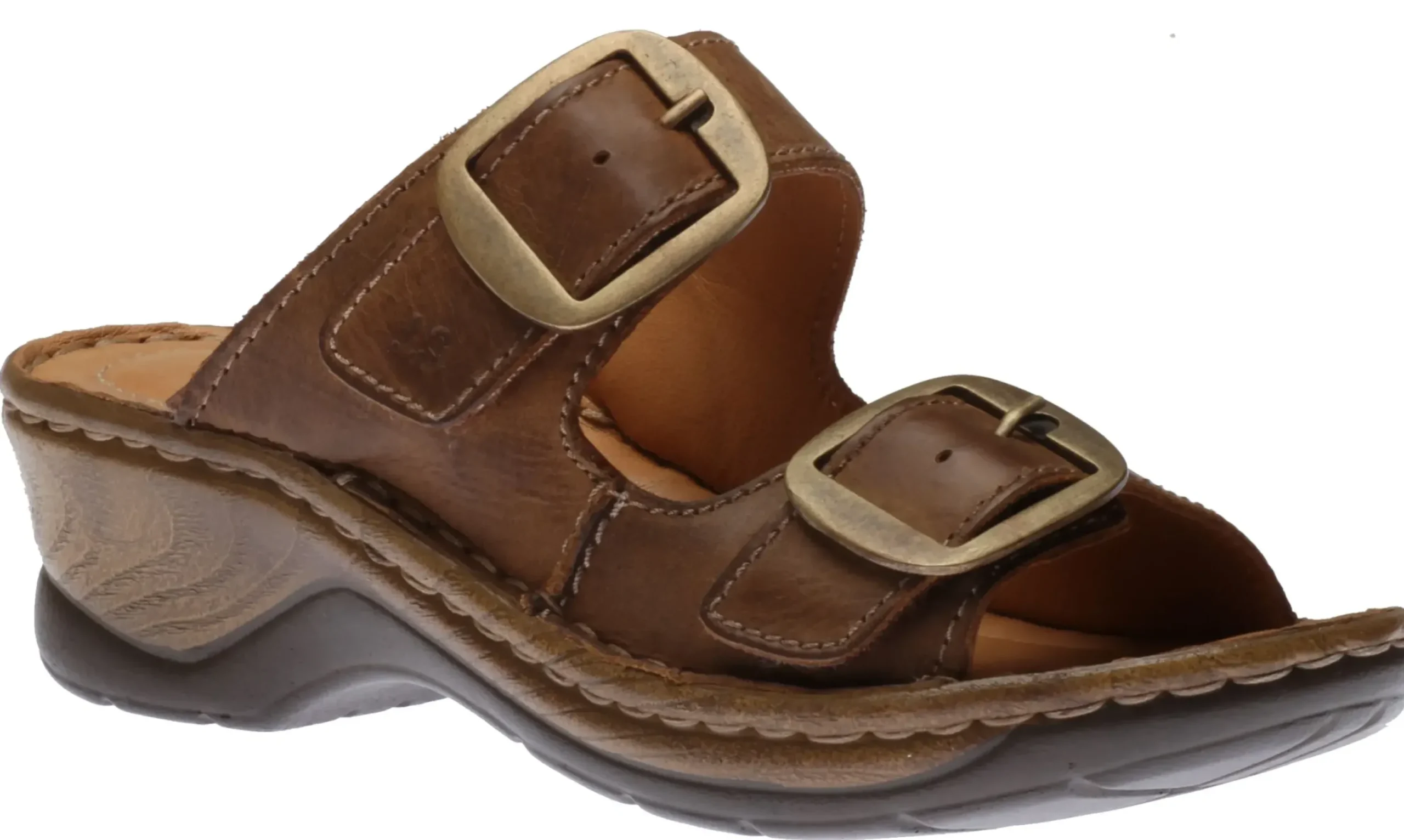 Hot Josef Seibel Catalonia 76 Brandy Brown Leather Big Buckle Slide Wedge Sandal