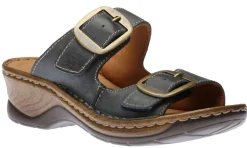 Best Josef Seibel Catalonia 76 Dark Blue Leather Big Buckle Slide Wedge Sandal