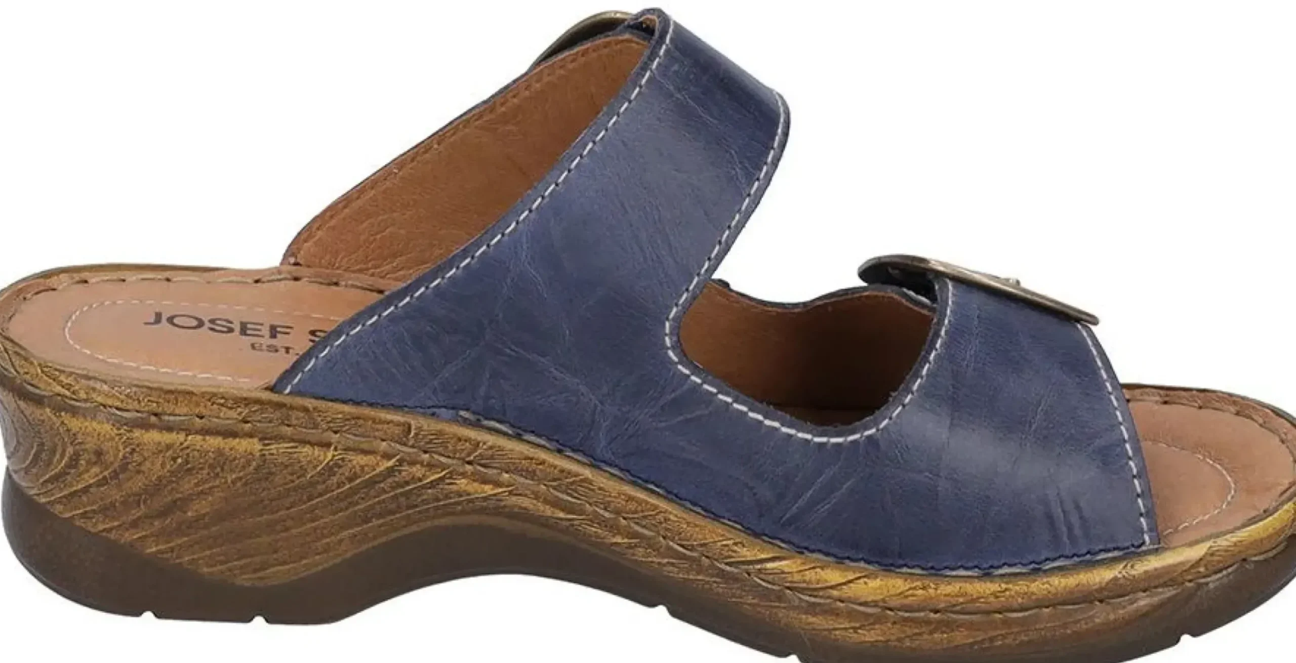 Best Josef Seibel Catalonia 76 Dark Blue Leather Big Buckle Slide Wedge Sandal