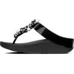 Clearance Fit Flop Deco Black Pearlized Patent Faux Leather Thong Sandal