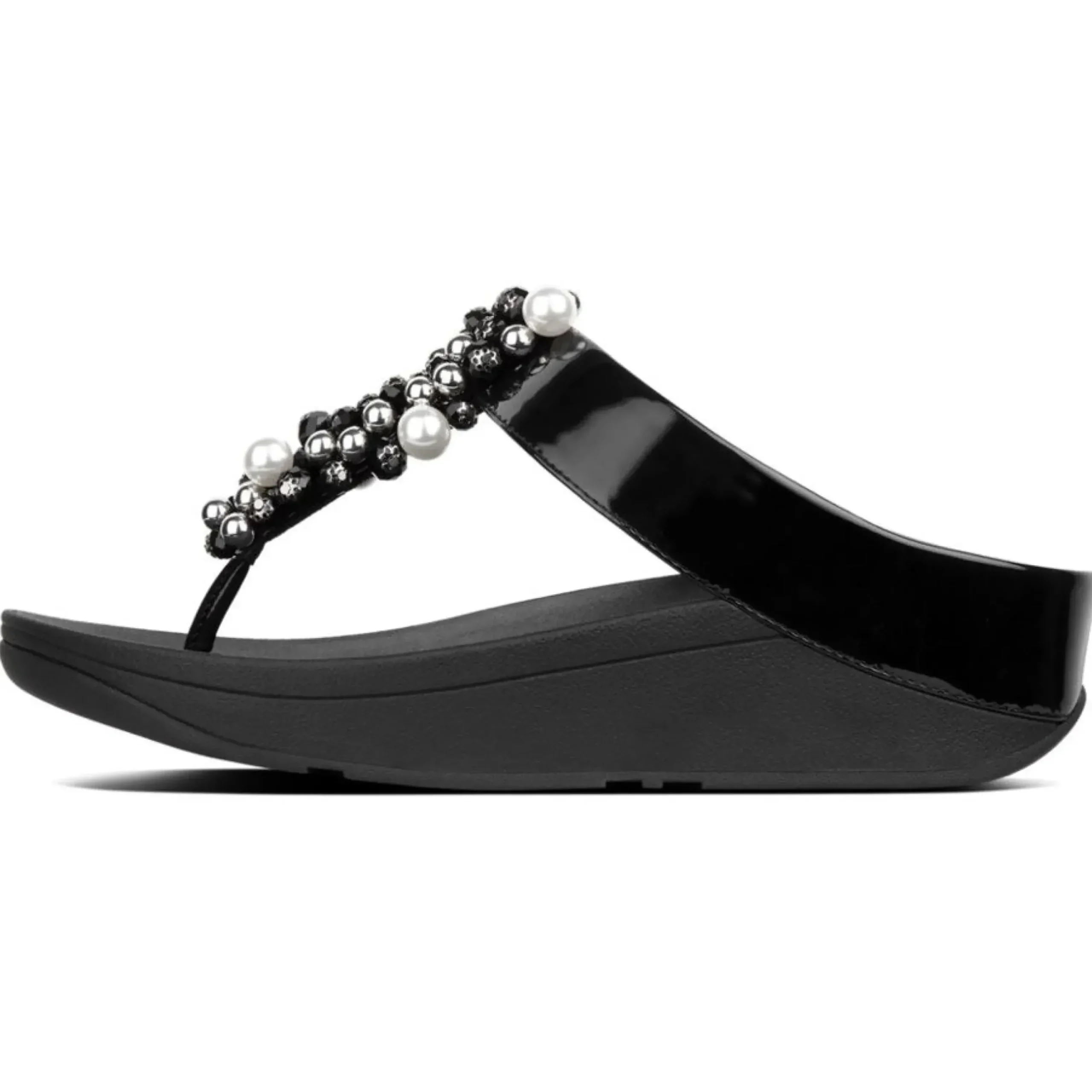 Clearance Fit Flop Deco Black Pearlized Patent Faux Leather Thong Sandal