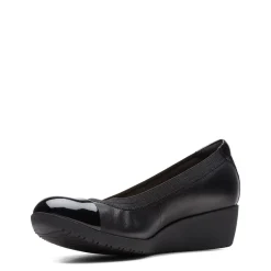 Clarks Elin Palm Black Leather Wedge Heel