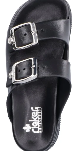 Hot Rieker Eva Black Double Strap Silver Buckle Slide Sandal