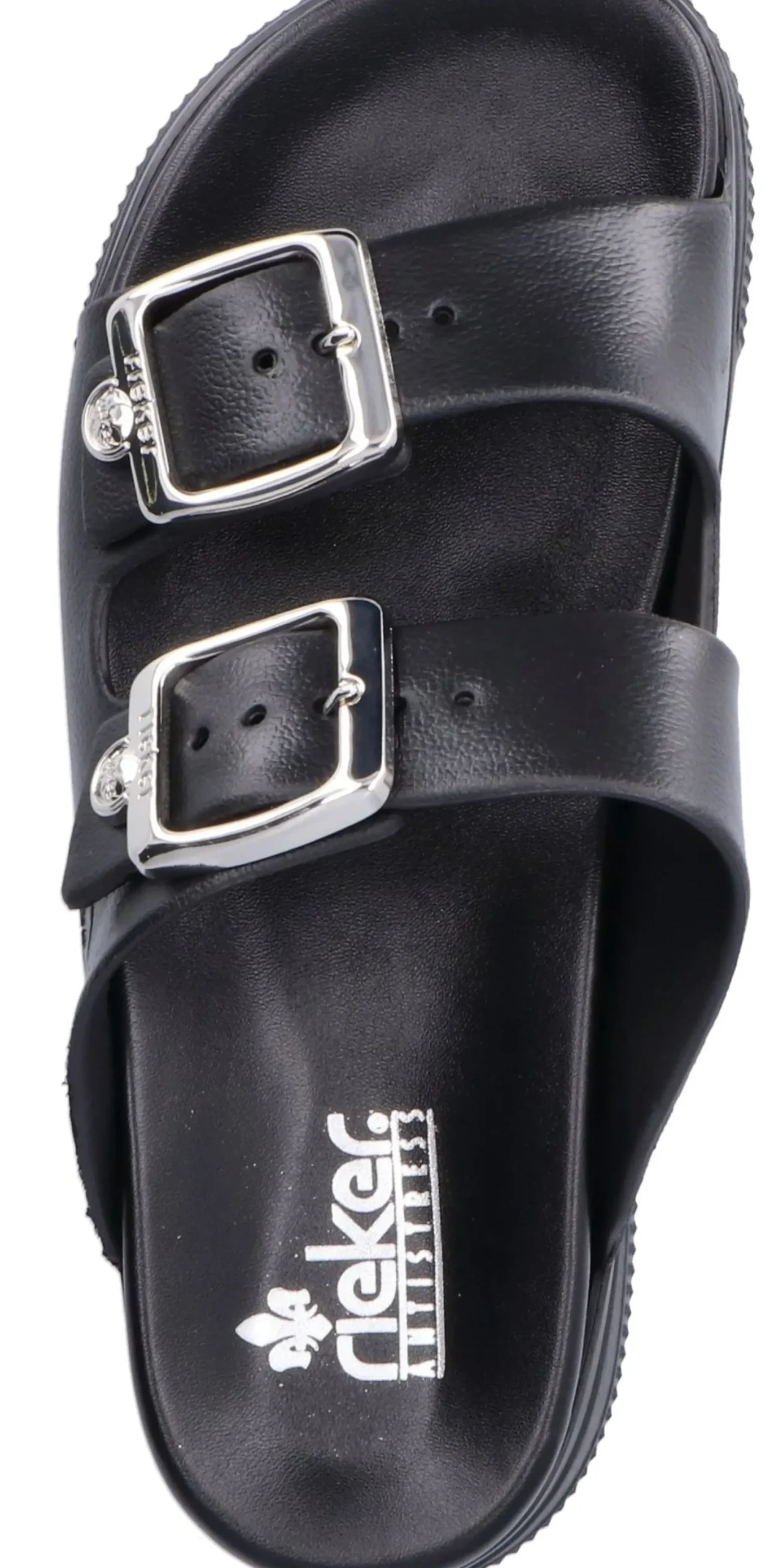 Hot Rieker Eva Black Double Strap Silver Buckle Slide Sandal