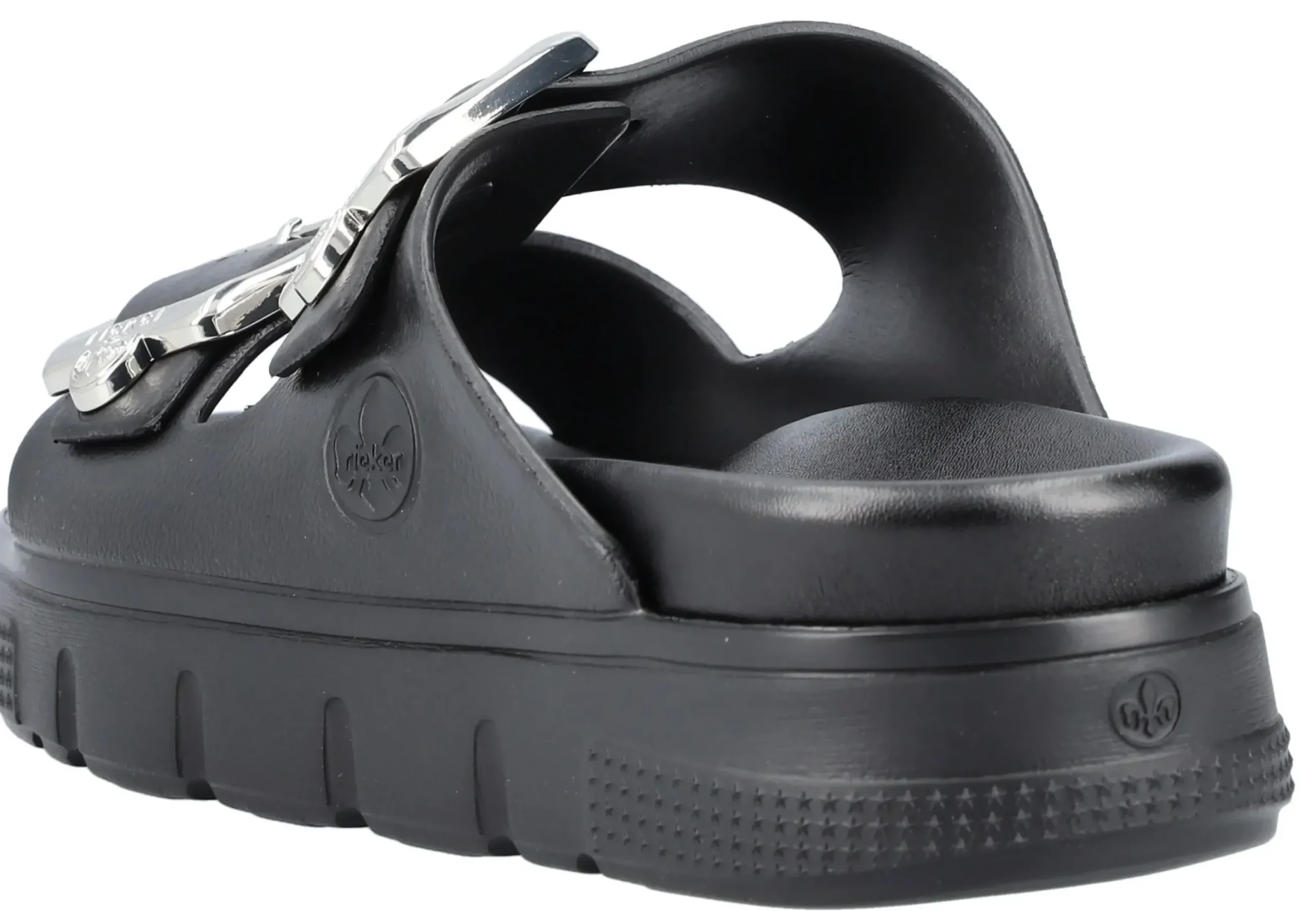 Hot Rieker Eva Black Double Strap Silver Buckle Slide Sandal