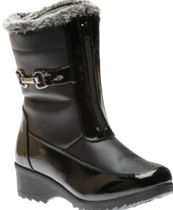Best Shoe Tech Front Zipper Faux Fur Trim Black Patent Vegan Leather Winter Boot