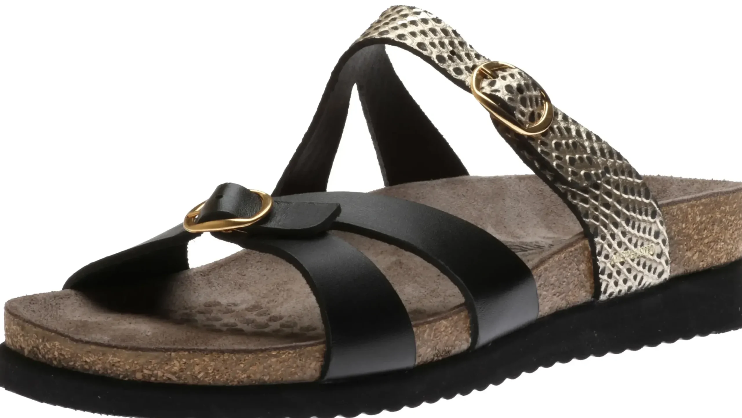 New Mephisto Hannel Cuba Black Gold Textured Leather Slide Sandal