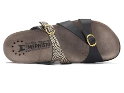New Mephisto Hannel Cuba Black Gold Textured Leather Slide Sandal