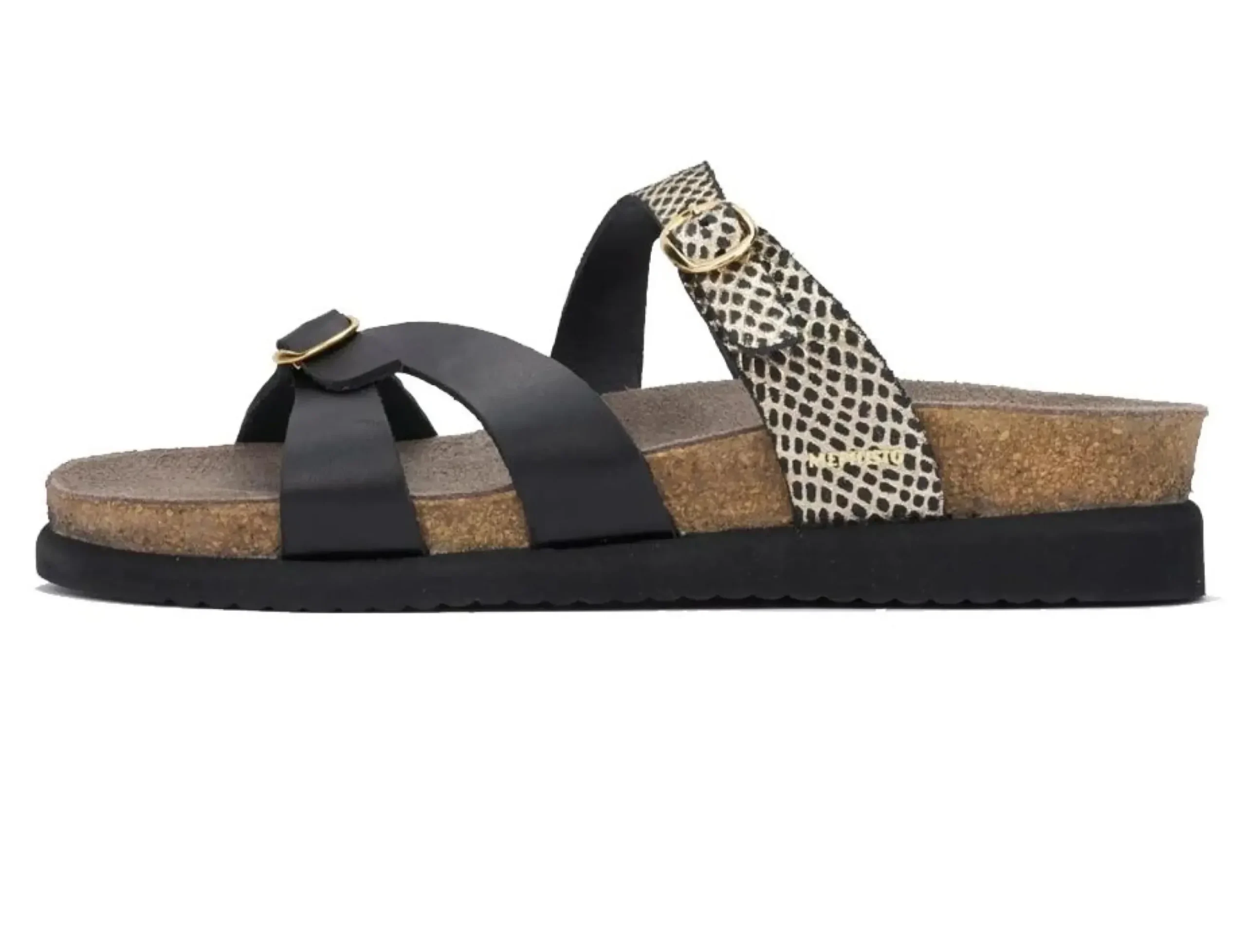 New Mephisto Hannel Cuba Black Gold Textured Leather Slide Sandal