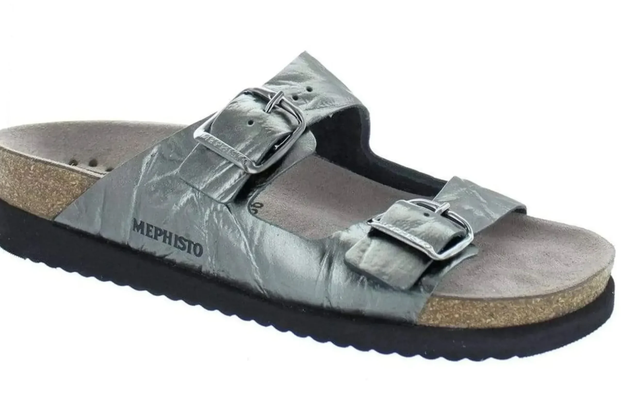 Mephisto Harmony Metallic Grey Leather Crinkle Slide Sandal