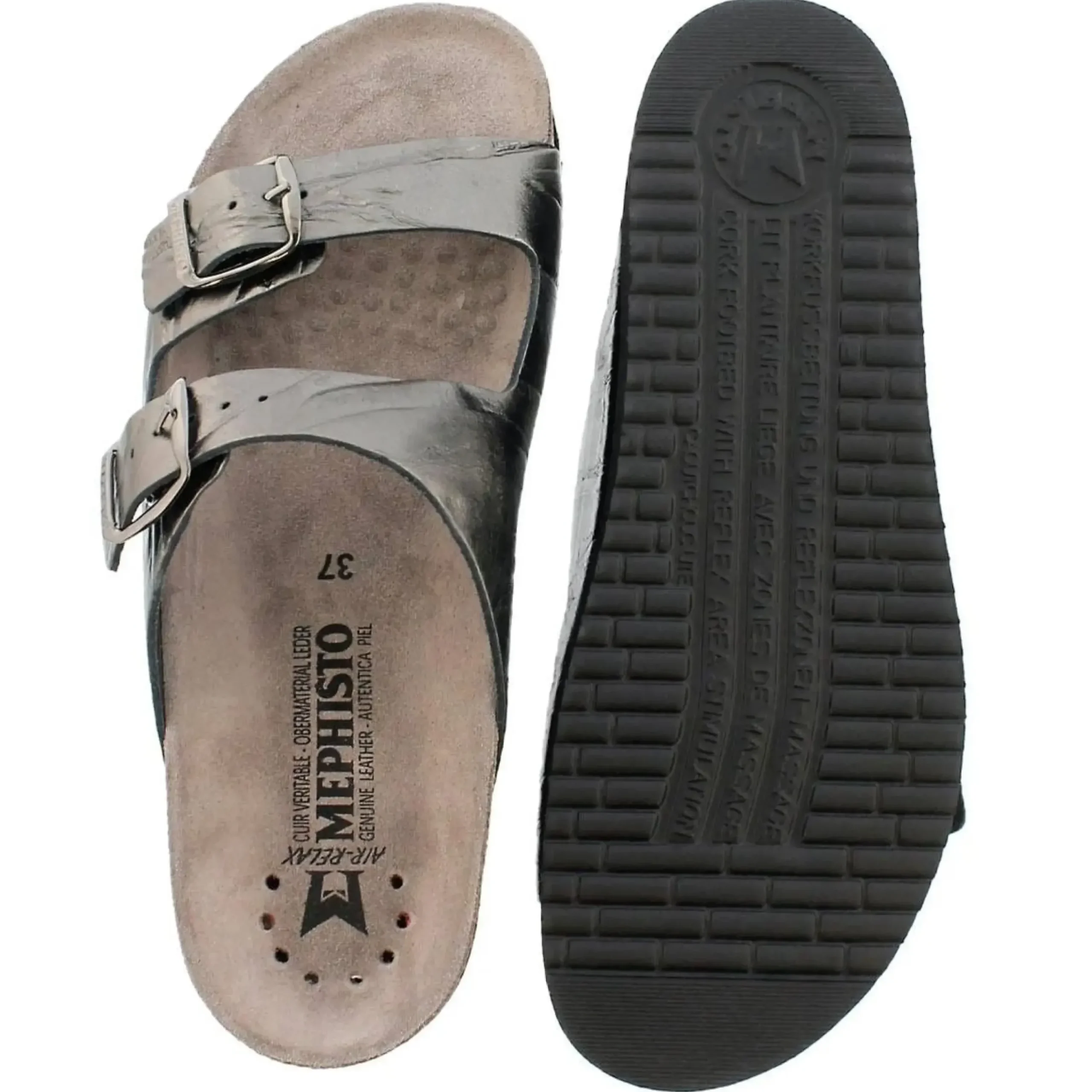 Mephisto Harmony Metallic Grey Leather Crinkle Slide Sandal