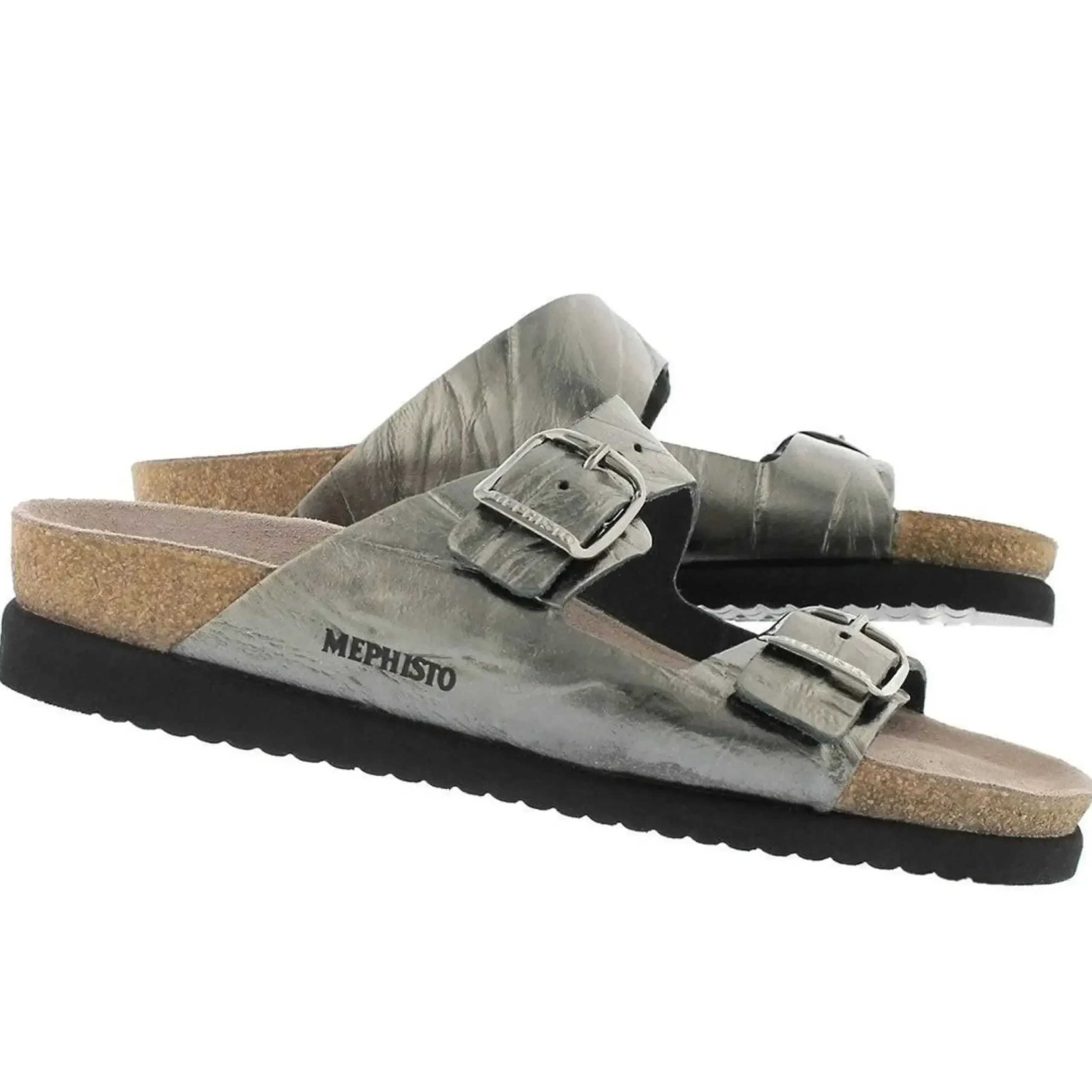 Mephisto Harmony Metallic Grey Leather Crinkle Slide Sandal