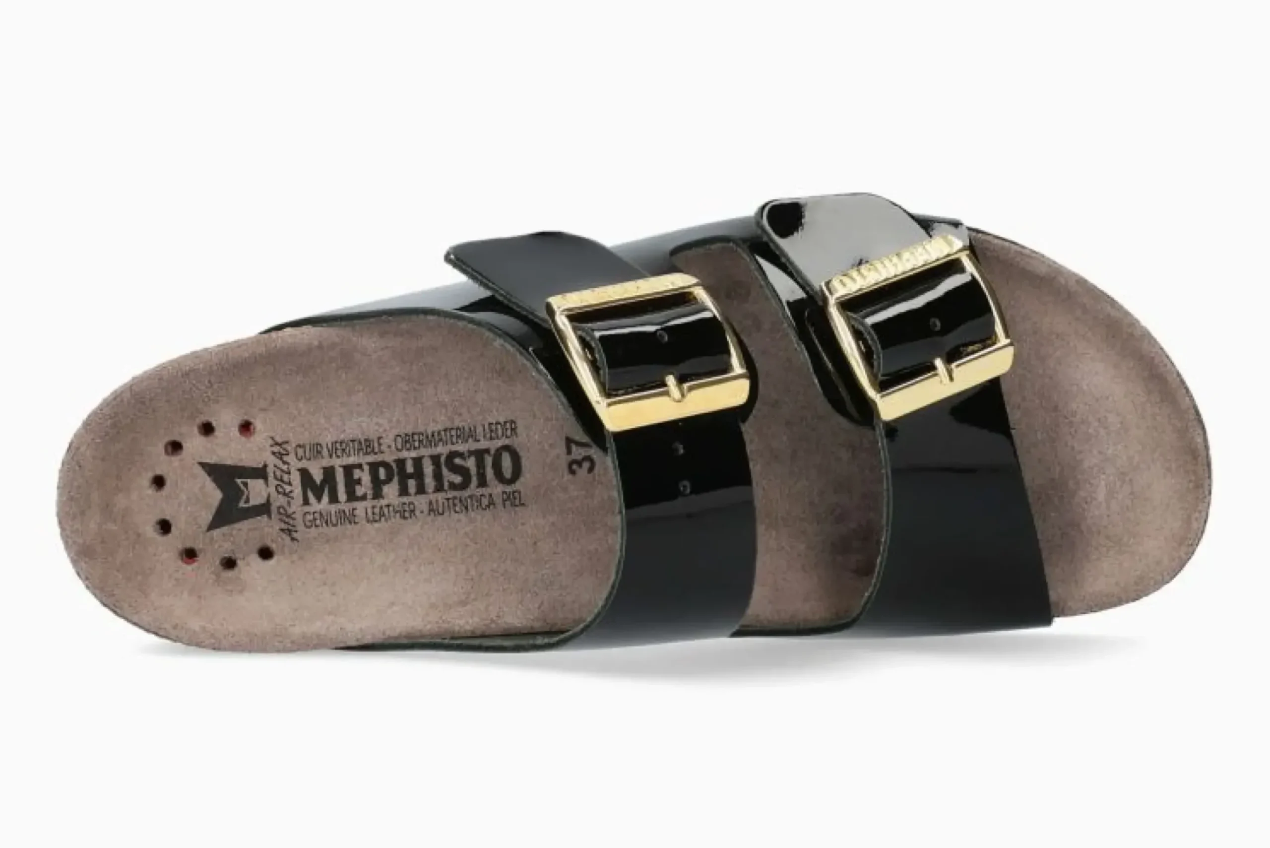 Online Mephisto Hester Black Patent Gold Buckle Slide Sandal