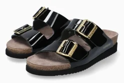 Online Mephisto Hester Black Patent Gold Buckle Slide Sandal