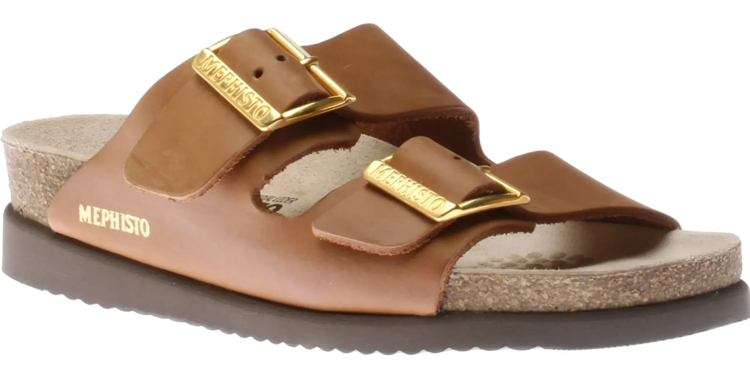 Discount Mephisto Hester Camel Brown Scratch Gold Buckle Slide Sandal
