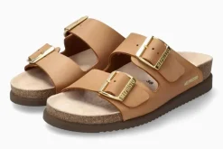 Discount Mephisto Hester Camel Brown Scratch Gold Buckle Slide Sandal