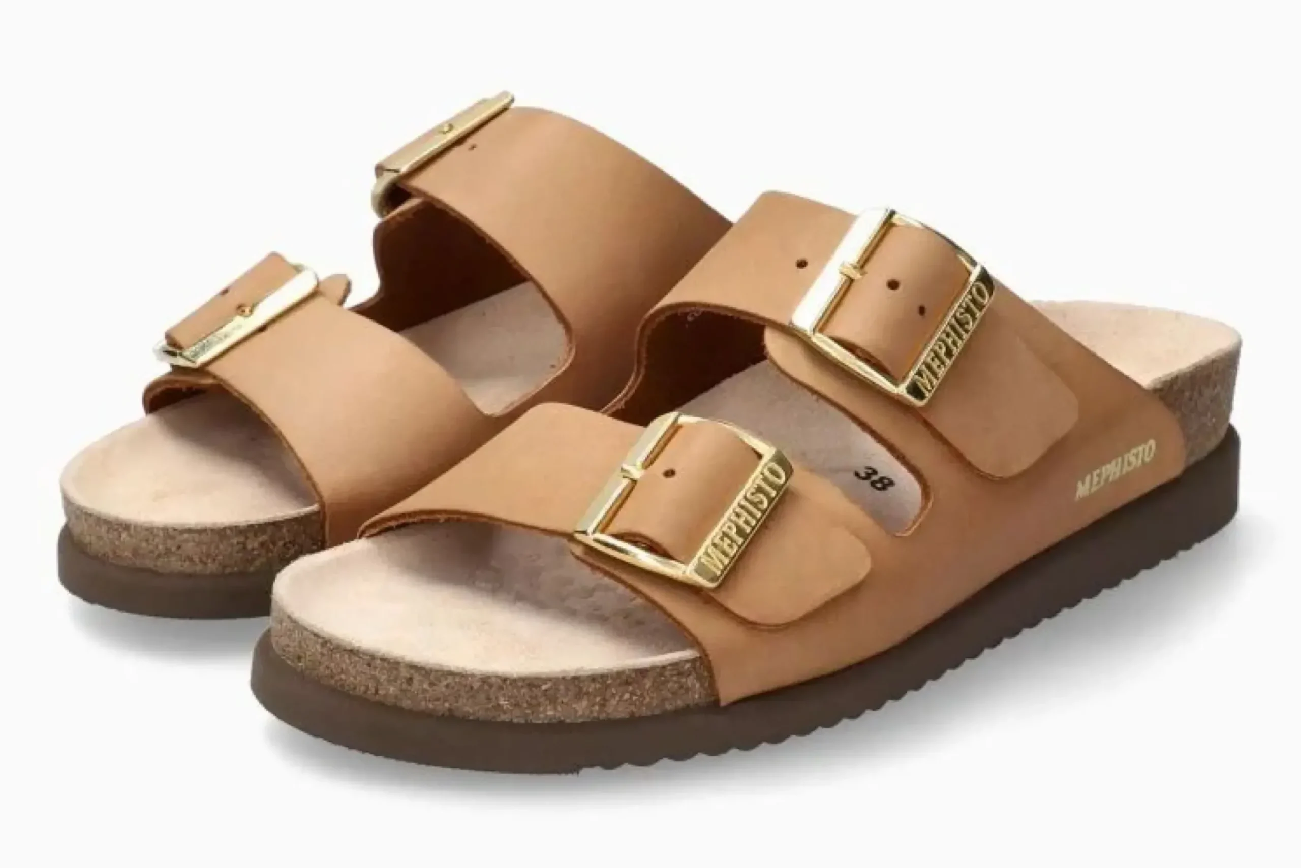 Discount Mephisto Hester Camel Brown Scratch Gold Buckle Slide Sandal