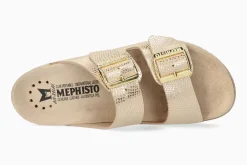 Online Mephisto Hester Light Sand Gold Buckle Textured Leather Slide Sandal