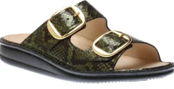 Best Finn Comfort Lipari Green Snakeskin Patent Gold Buckle Slide Sandal