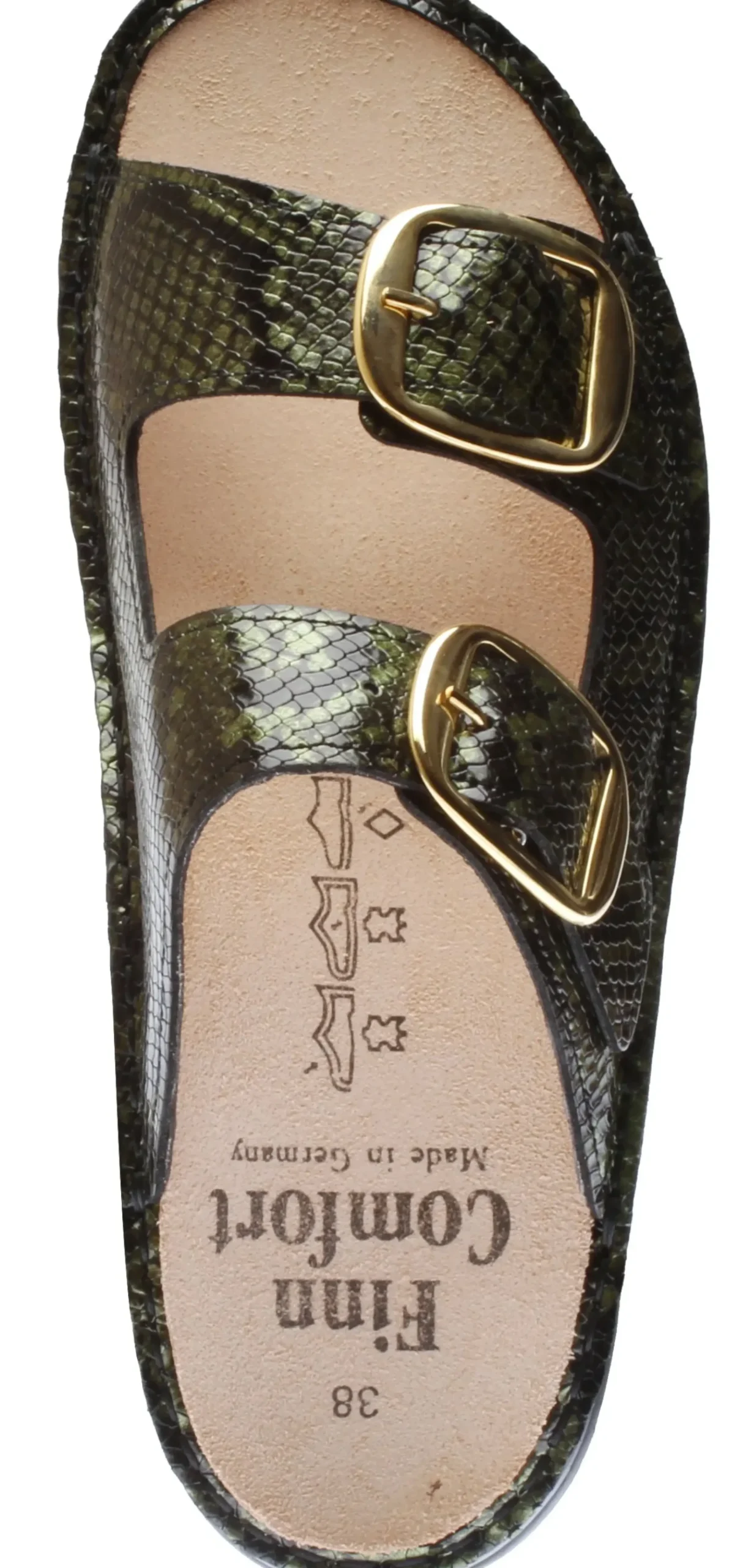 Best Finn Comfort Lipari Green Snakeskin Patent Gold Buckle Slide Sandal
