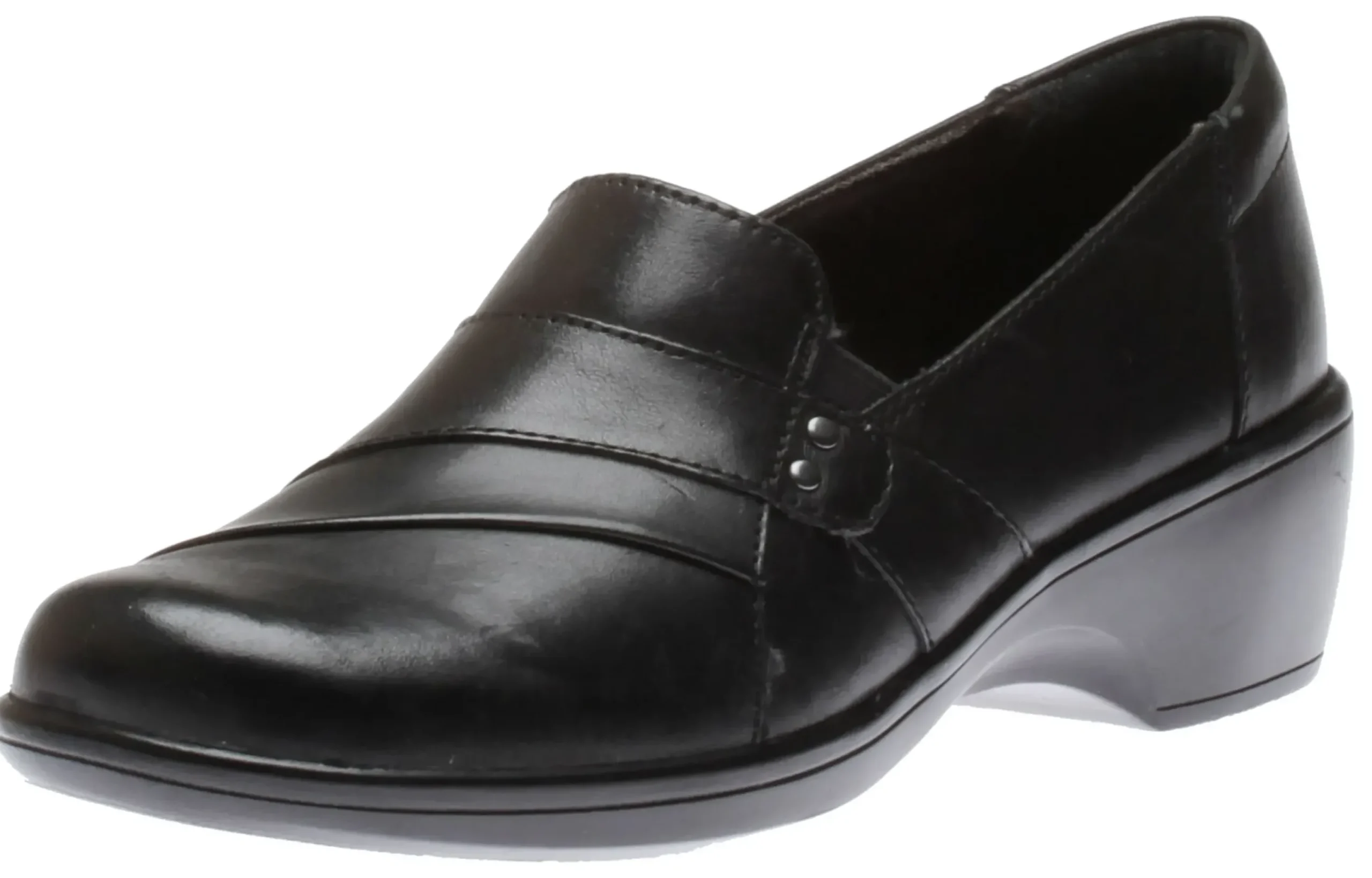 Discount Clarks May Marigold Black Leather Slip-On Dress Loafer