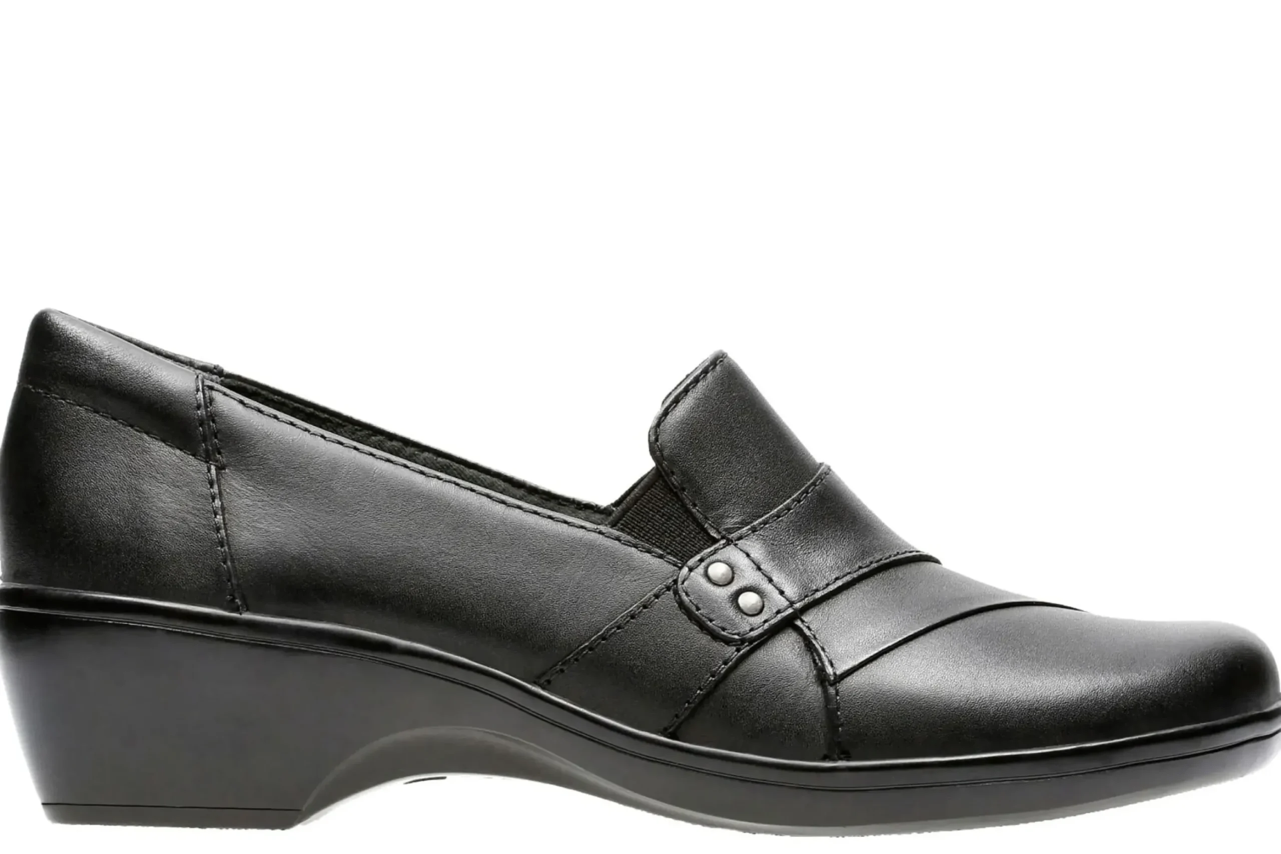 Discount Clarks May Marigold Black Leather Slip-On Dress Loafer