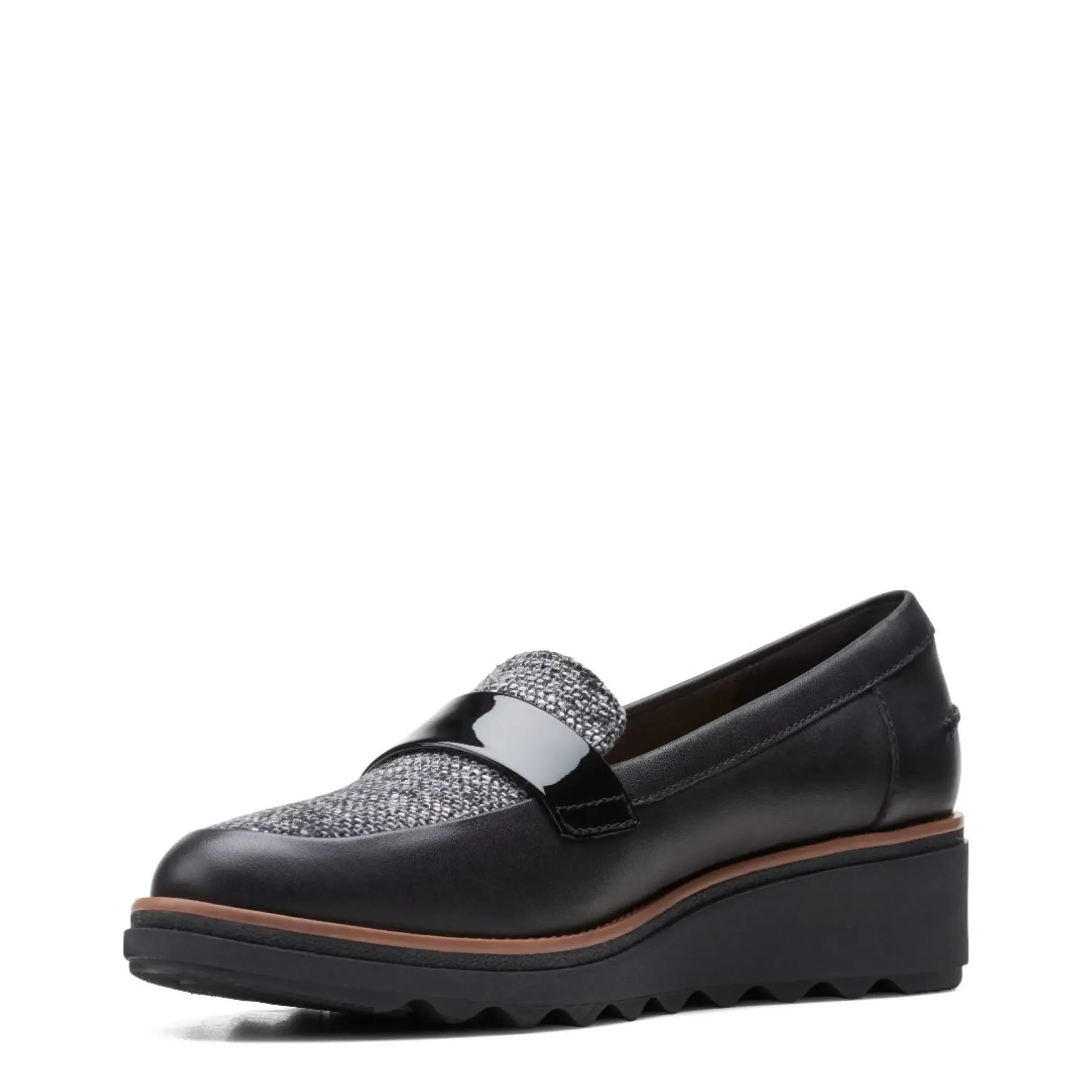 Online Clarks Sharon Gracie Black Tweed Wedge Loafer