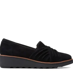 Hot Clarks Sharon Villa Black Suede Wedge Loafer