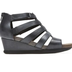 Discount Rockport Shona Black Leather Gladiator Wedge Sandal