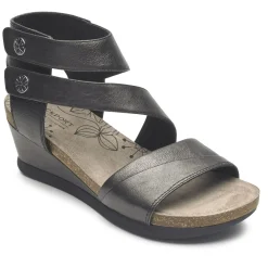Rockport Shona Black Metallic Leather Asymmetrical Cuff Wedge Sandal