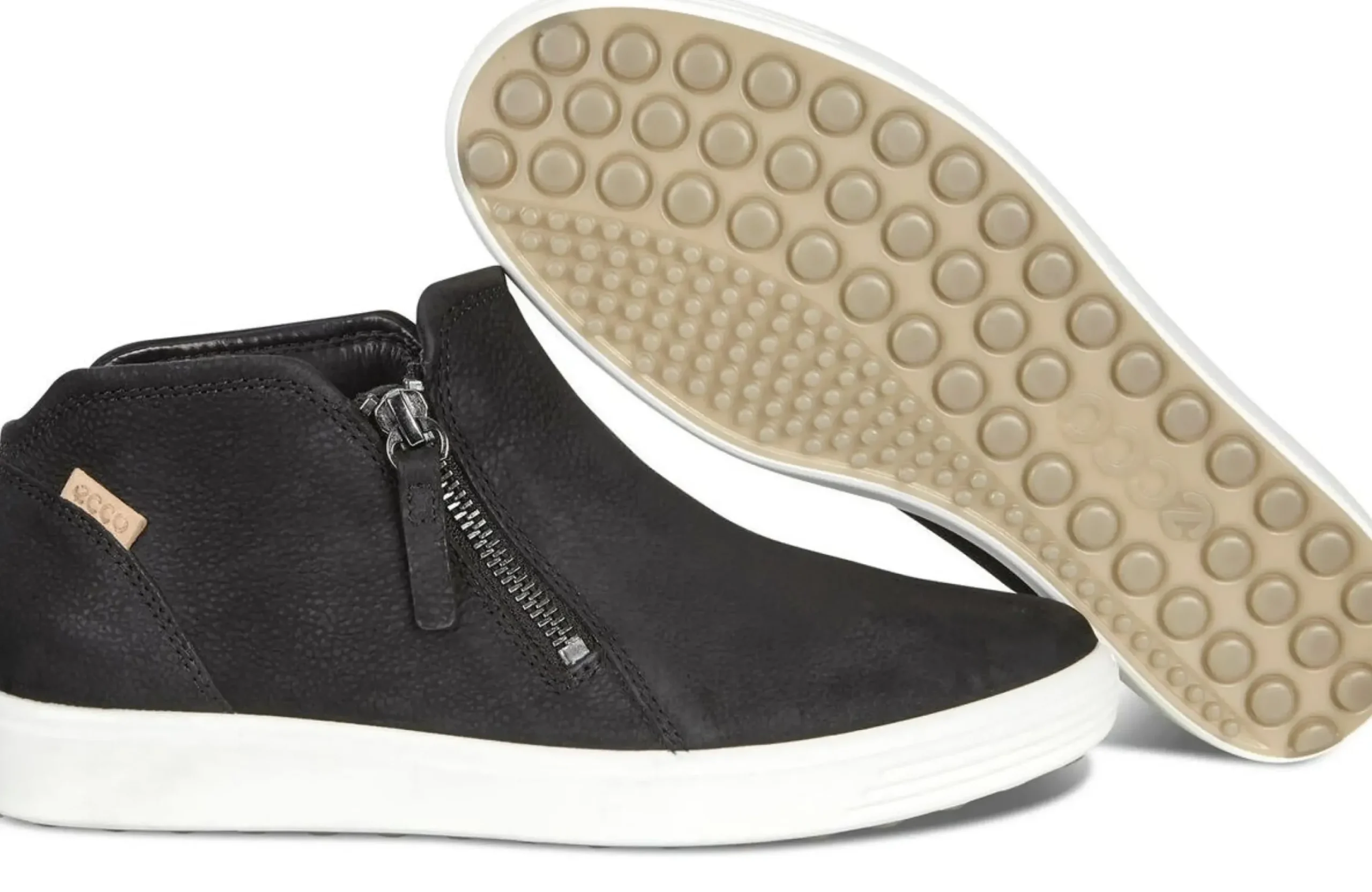 Ecco Soft 7 Black Leather White Sole Zip Low Ankle Bootie