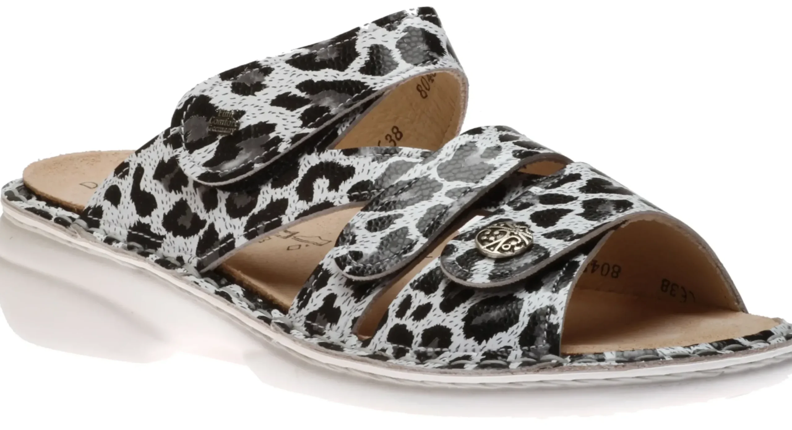 Online Finn Comfort Ventura Black White Leopard Print Slide Sandal